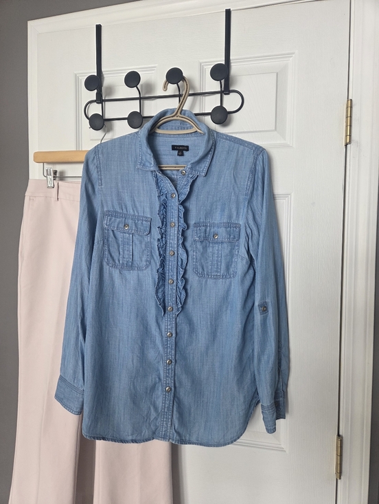 Talbots Ruffled Button-front Lyocell Denim Top - Picture 3 of 9